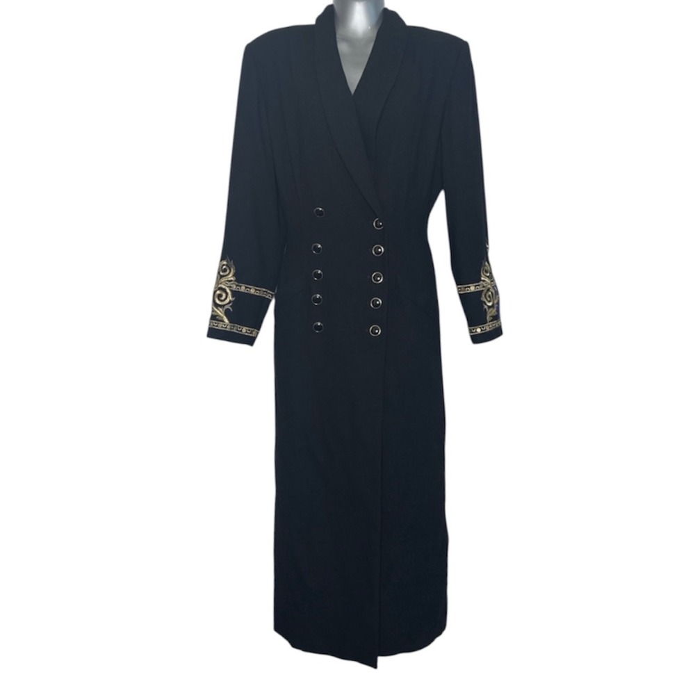 Vintage Kasper ASL Black Military Coat Dress ‎ Embroidered Cuffs Regencycore